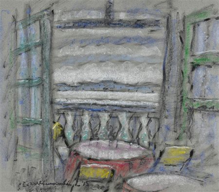 Enrico Allimandi TAVOLINO SUL BALCONE tecnica mista su carta, cm 50x64 firma...