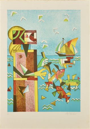 Ibrahim Kodra IDOLO AL MARE serigrafia su carta, cm 70x50; es. X/XXV firma e...