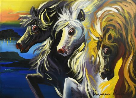 Romano Mussolini CAVALLI olio su tela, cm 50x70 firma sul retro: firma
