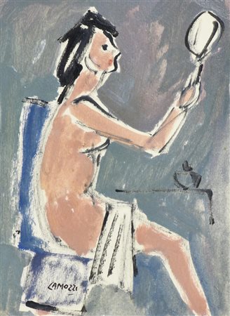 Alessandro Camozzi NUDO ALLO SPECCHIO olio su carta, cm 18x13 firma sul...