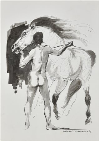 Nino Traverso NUDO MASCHILE E CAVALLO tecnica mista su cartoncino, cm 49x35...