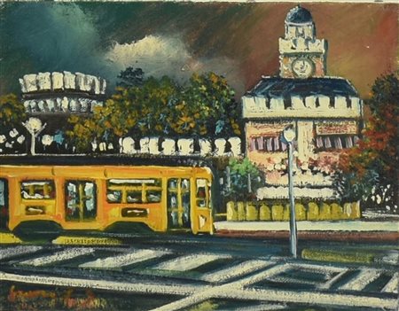Francesco Grassi MILANO, IL CASTELLO olio su tela, cm 18x24 firma sul retro:...