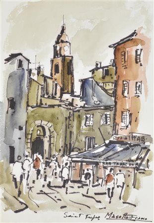 Franco Masotto SAINT TROPEZ tecnica mista su carta, cm 34x24 firma e titolo
