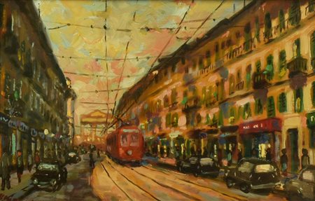 Willie Senigallieri CORSO SAN GOTTARDO MILANO olio su tavola, cm 20x30 firma...