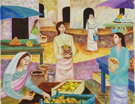 Pellegrino Rossana MERCATO IN PIAZZA olio su tela, cm 41,5x52,5 firma e data...