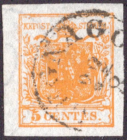 1850, 5c. N.1i Arancio Carico con filigrana e bordo di foglio a sinistra,...