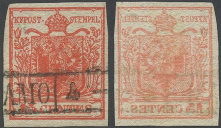 1850, 15c. N.3h Rosso Carminio Scuro con decalco. (A) (Cat.1.375)