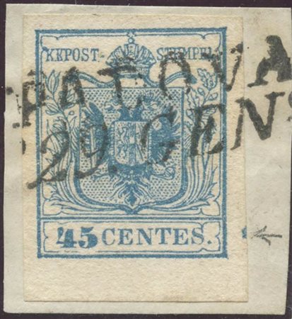 1850, 45c. N.10 Azzurro angolo di foglio a destra ed accenno di croce. (Lux)...