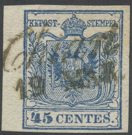 1855, 45c. N.12c Azzurro Oltremare bordo di foglio a sinistra. (A+) (Cat.1.100)