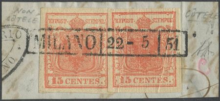 1851, Piccolo frammento composto da 15c. N.3f Rosso Vermiglio Chiaro e un...
