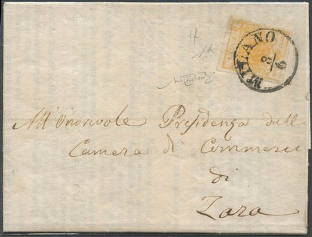 08.06.1857, Lettera da Milano per Zara affrancata con un 1c. N.1f Giallo...