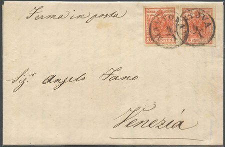 Lettera da Mantova per Venezia affrancata con due 15c. N.6b Rosso Vivo. (A+)...