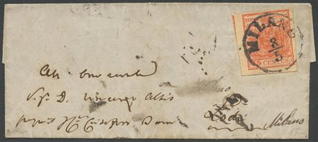 Letera da Milano per Lodi affrancata con un 15c. N.6g Rosso Salmone intenso,...