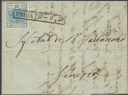 27.09.1850, lettera da Pavia per Venezia affrancata con un 45c. N.10 Azzurro...