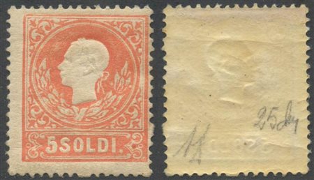 5s. N.25 Rosso nuovo con gomma, linguellato. (+) (a. Diena) (Cat.5.000)