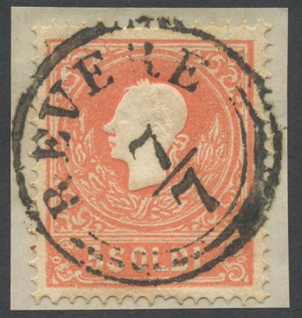 5s. N.30 Rosso su frammento annullato Revere, 7/7. (Lux) (Cat.19++)