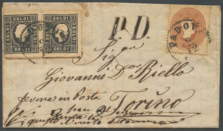 9.12.1862 da Padova per Torino affrancata con due 3s. N.29 + 10s. N.34. (A-)...