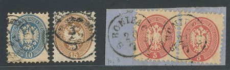 Filigrana Lettere, 4 esemplari (N. 43d in coppia, 44d, 45d) il 15s. Presenta...