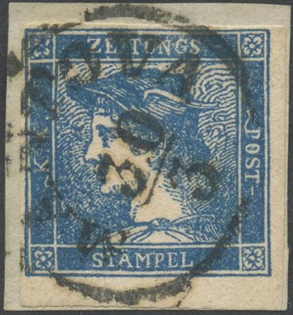 Francobolli per Giornali, N.3 Azzurro su frammento. (Lux) (Cat.600)