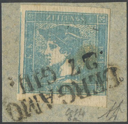 Francobolli per Giornali, N.6a Celeste con carta costolata su frammento.....