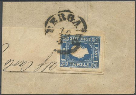 1858, francobolli per Giornali, N.8 Azzurro su grande frammento. (Lux)...