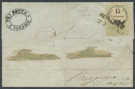 Lettera da Sondrio a Bergamo affrancata con una marca da bollo da 15c. N.3....