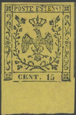 1852, 15c. N.3 Giallo bordo di foglio in basso, nuovo con gomma, linguellato....