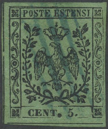 1852, 5c. N.8 Verde Oliva con punto grosso dopo ''Cent'' (N.8e), usato. (A+)...