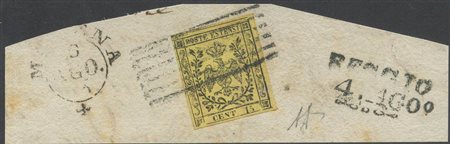 1852, 15c. N.3 giallo senza punto dopo 'Cent' (N.3c), su frammento. Piega....