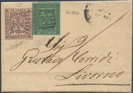Lettera da Modena per Livorno affrancata per 15c. Tramite un 5c. N.7 Verde ed...