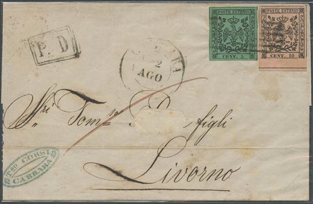 02.07.1855, lettera da Carrara per Livorno affrancata per 15c. Tramite un 5c....