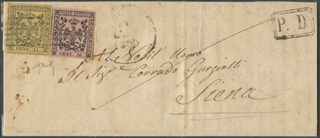 1855, Lettera da Fivizzano per Siena affrancata per 25c. Tramite un 10c, N. 2...