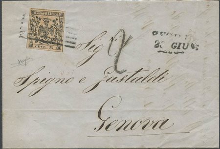 Lettera da Reggio per Genova affrancata con un 25c. N.4 Camoscio Chiaro. (A+)...