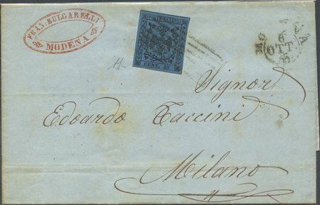 06.10.1855, lettera da Modena per Milano affrancata con un 40c. N 6 Azzurro...