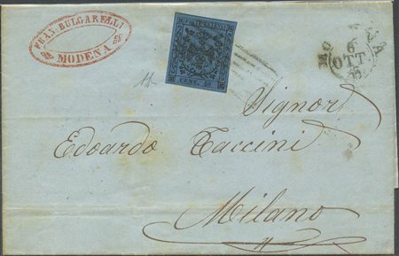 06.10.1855, lettera da Modena per Milano affrancata con un 40c. N 6 Azzurro...