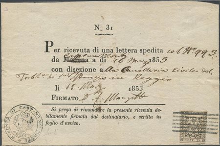 16.03.1853, ricevuta di ritorno da Castelnuovo nei Monti per Reggio...
