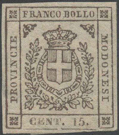 1859, 15c. N.13 Bruno nuovo con gomma, linguellato. (A+) (Cert. Sorani)...