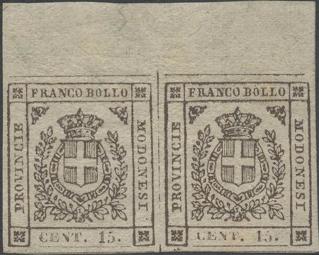 1859, 15c. N13a Bruno Scuro in coppia con bordo di foglio in alto, nuova con...