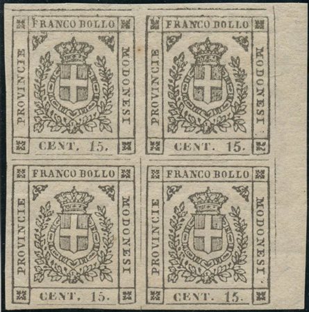 1859, 15c. N.14 grigio in quartina bordo di foglio a destra, nuova gomma...
