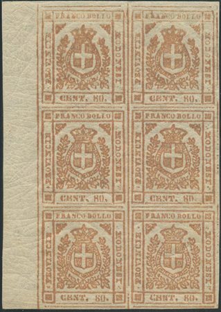 1859, 80c. N.18a Arancio bruno in blocco di sei bordo di foglio a sinistra,...