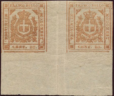 1859, 80c. N. 18a Arancio bruno in coppia con interspazio di gruppo e bordo...