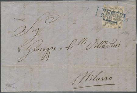 25.11.1859, lettera da Reggio per Milano affrancata con un 20c. N.15 Ardesia....