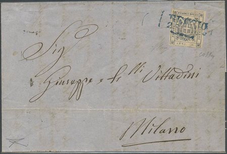 25.11.1859, lettera da Reggio per Milano affrancata con un 20c. N.15 Ardesia....