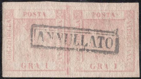 1858, N.3 rosa chiaro in coppia orizzontale, usato. (A+) (Cat.175)