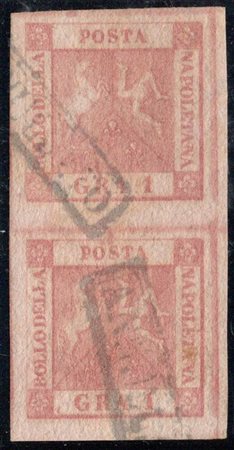 1858, N.4 Rosa Carminio in coppia verticale, usata. (A+) (Cat.175)
