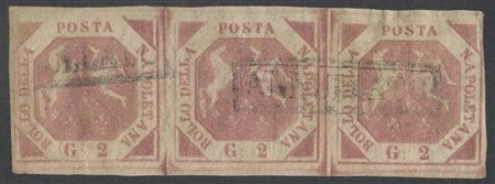 1858, 2gr. N.5d Rosa Carminio in striscia di tre, usata. (A) (Cat.250)