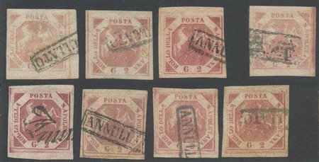 Lotto di otto 2gr. In diverse nuance delle tre tavole, tutti di ottima...