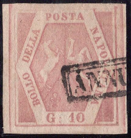 1858, N.10a Rosa Lillaceo con interessante piega di carta originale (generata...