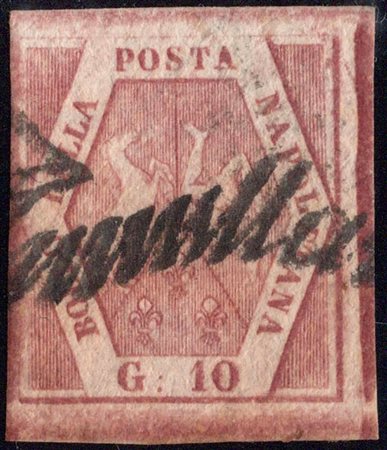 1858, N.11 Carminio Rosa annullato con svolazzo. (A+) (Cat.750++)