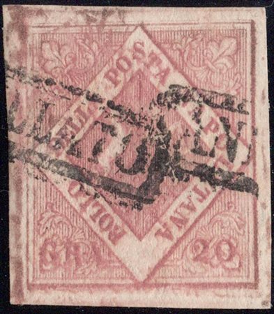 1858, N.12 Rosa Lillaceo con una leggera doppia incisione, usato. (A+)...